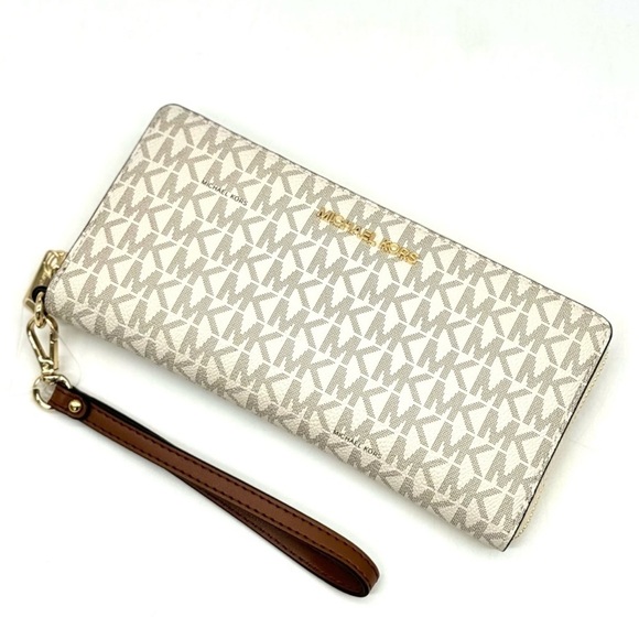 Michael Kors Large Travel Continental Wallet Wristlet Vanilla/Brown - Picture 6 of 9